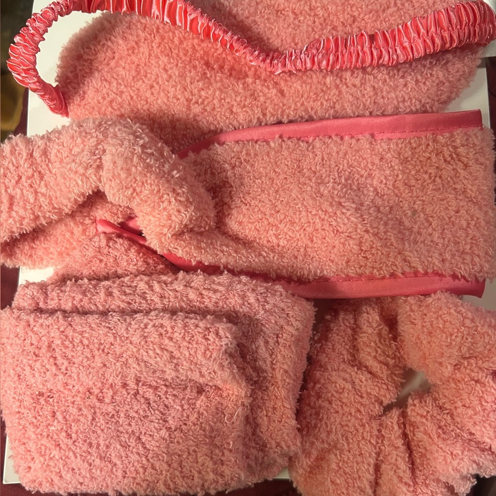 Cozy Pink Fleece Set Cozy Fuzzy Headband, eye mask socks and Scrunchie